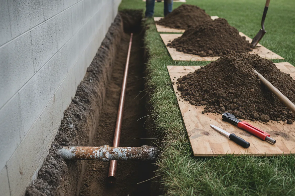Excavated water line trench during Water Softener Installation in Spring